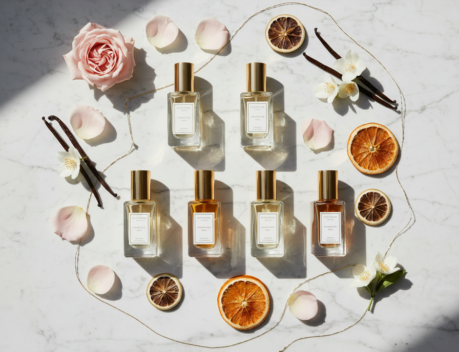 Michael Malul Women's Discovery Travel Size Set - 6 perfume bottles on marble with florals
